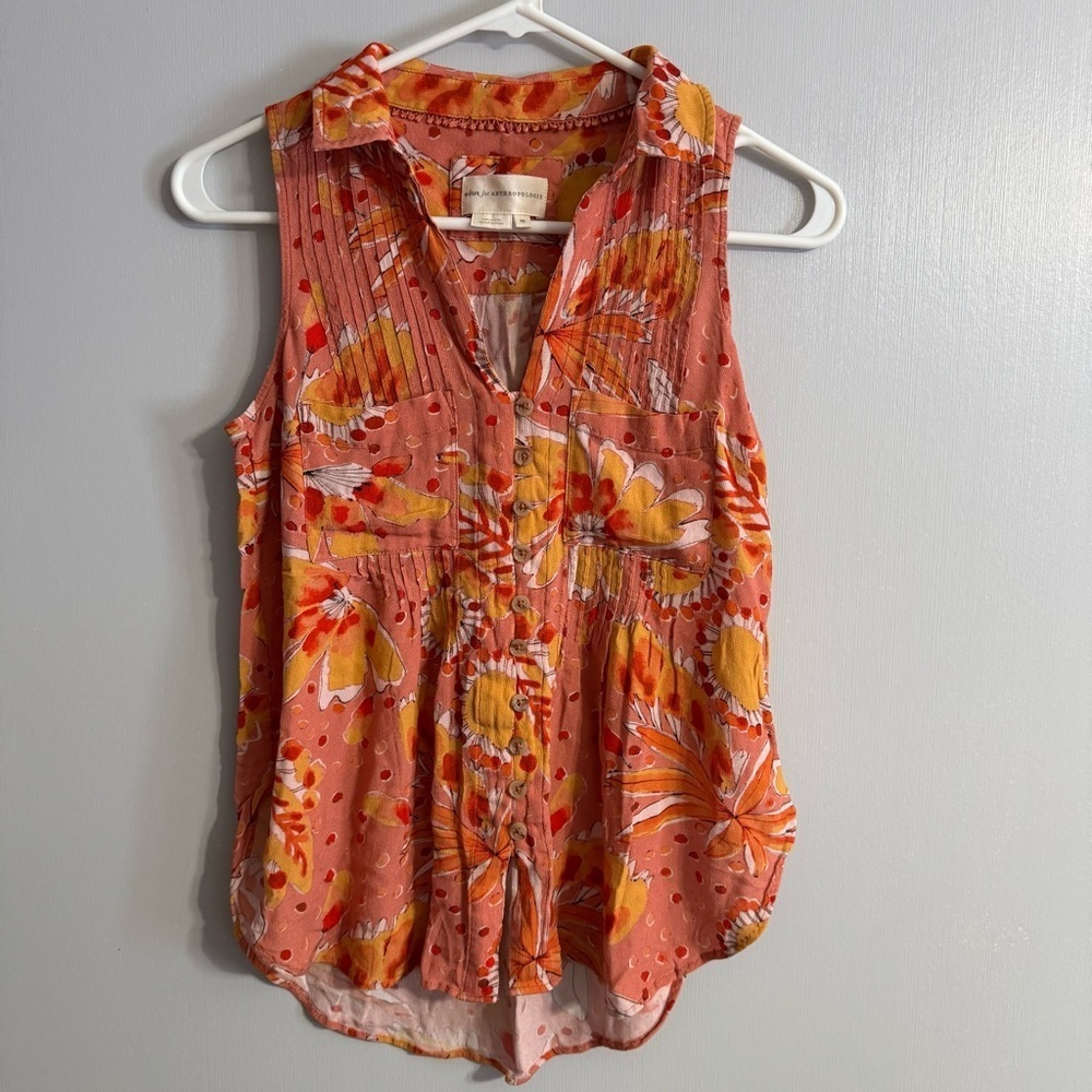 Anthropologie‎ Vera Orange Floral Sleeveless Blouse Top SIze XS